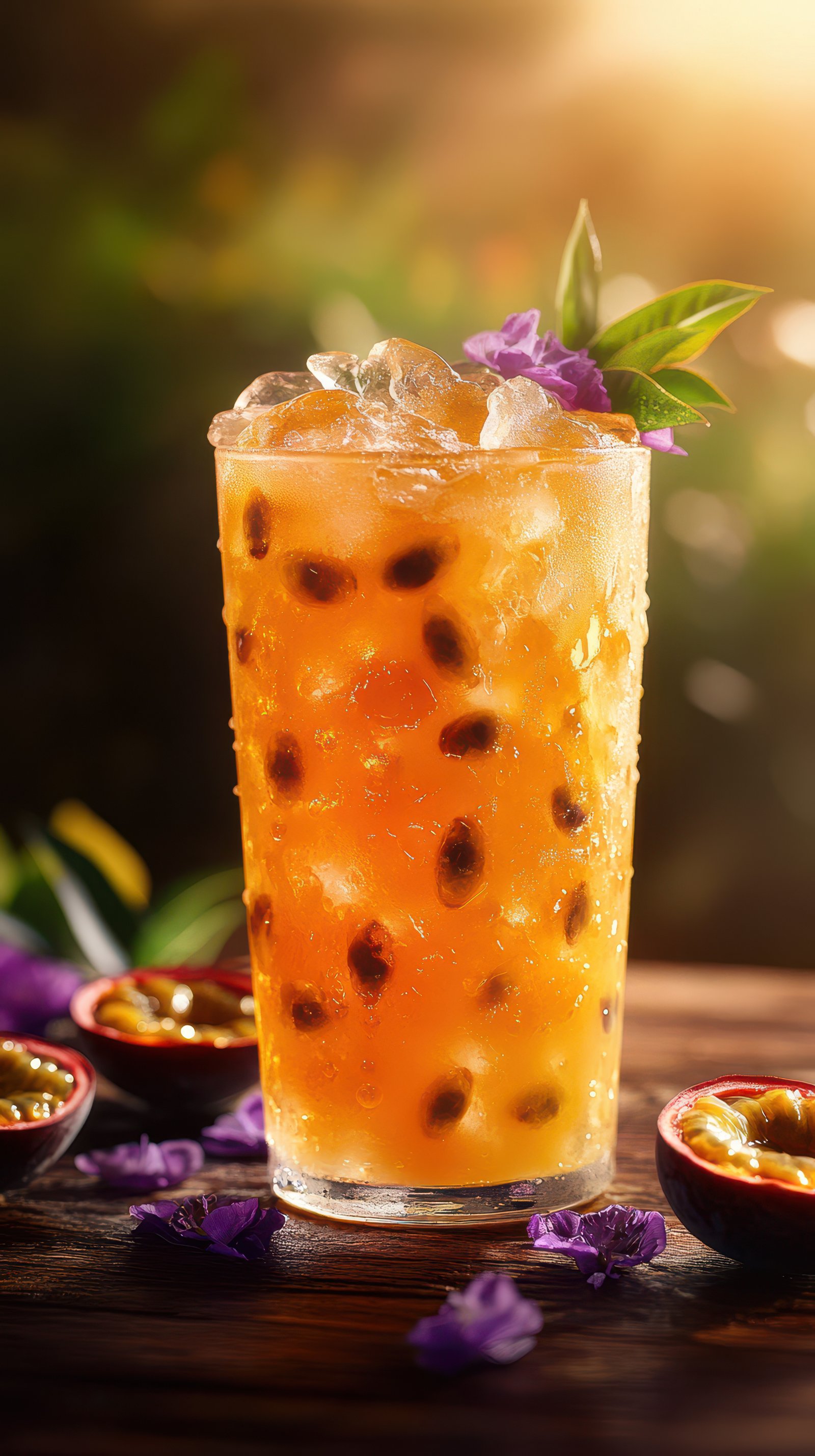 Refreshing passion fruit drink served with ice and floral garnishes in a natural outdoor setting